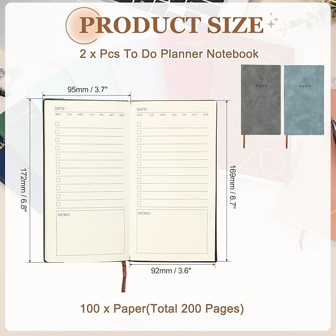 PATIKIL 2Pcs Planner Notebook, A6 100 Sheets Undated to Do List Daily Weekly Monthly Goals Tracker Pocket Notebook for Office Study Time Management Fitness Weeding, Sky Blue/Grey