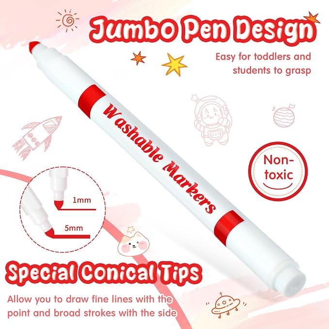48 Pcs Line Washable Markers Bulk Red Fine Tip Markers Set Thin Coloring Mark Pens for Kids Red Tips Mark Pen for Art School Supplies, Back to School Supplies, Ages 6+
