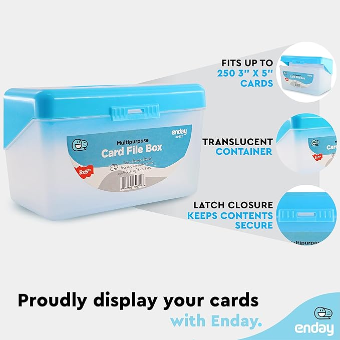 Enday Index Card Box Blue 3x5 Index Card Holder, Index Card Organizer, Flash Card Holder, Holds 250 Cards.