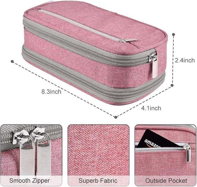 Chelory Large Capacity Pencil Case Big Pencil Bag Pouch 3 Comparments High Storage Pen Marker Cases Holder Office Desk Stationery Organizer Makeup Bag Women Men, Light Pink