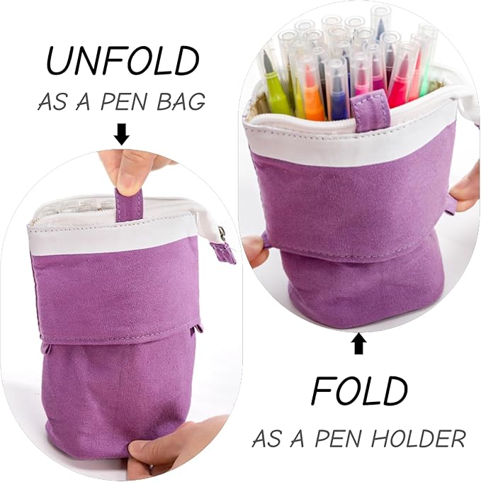 4 Pack Telescopic Pencil Case, Portable Standing Pen Pouch with Pins Zipper, 4 Colors Stand Up Stationary Holder Pop Up Make-up Bag for Pens, Cosmetics, Paintbrushes