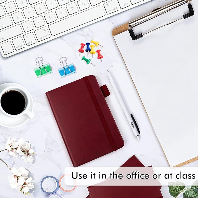 6 Pack Pocket Mini Notebooks Bulk, Feela Small Cute Memo Notepads Hardcover College Ruled Lined Journals with Pen Holder for School Business Work, with 6 Black Pens, 3.5”x 5.5”, A6, Wine
