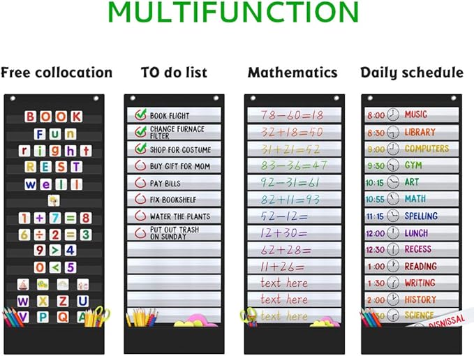 Daily Schedule Pocket Chart, 13+1 Scheduling Pocket Chart with18 Dry-Eraser Cards, Educational Charts for Classroom Office Home Preschool Activity (Black)