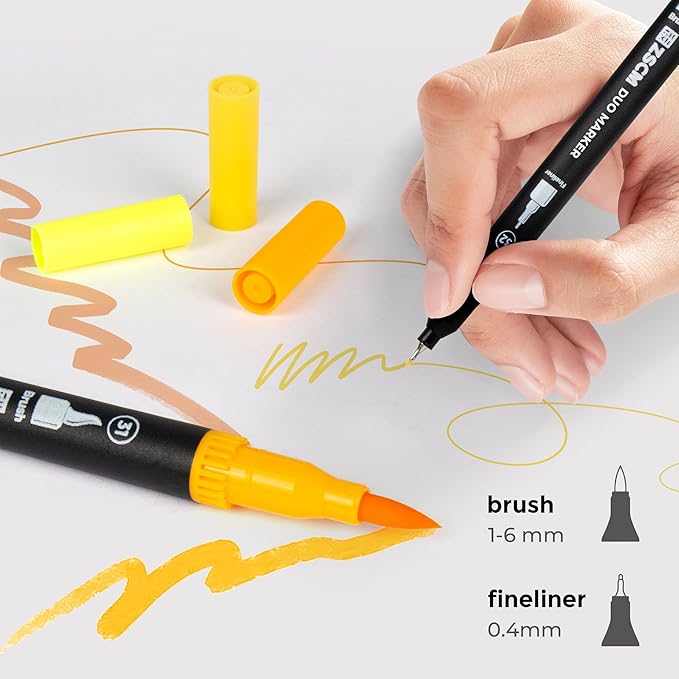 ZSCM Yellow Duo Tip Marker Pens, 12 Pack Fine & Brush Markers for Adult Coloring Books No Bleeding, Sunshine Yellow Markers for Summer Themes, Sunflower Art, Energetic Accents and Happy Doodles
