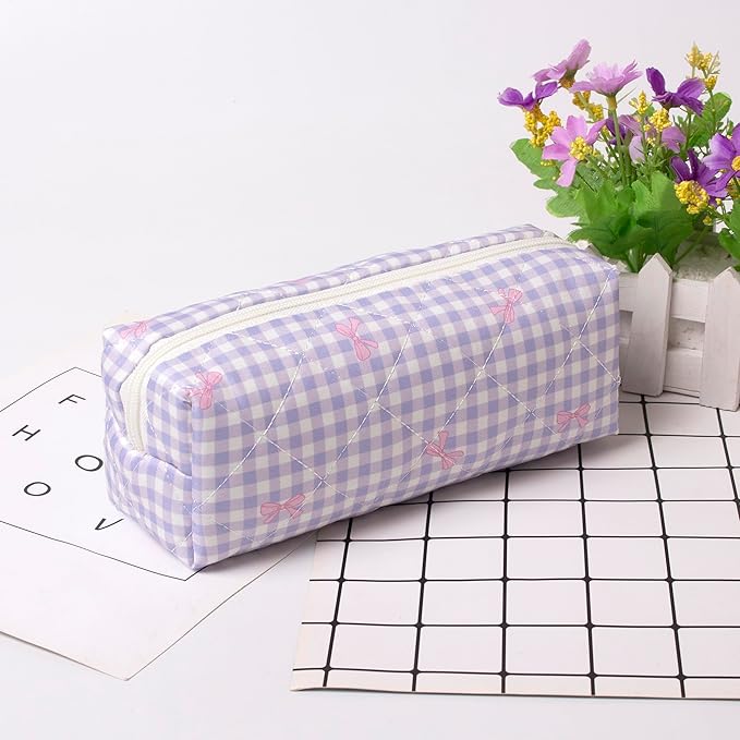 Pencil Case Office College School Storage Bag Pouch Holder Box Organizer Makeup Pouch Cosmetic Bag Aesthetic Cute Pen Case for Girls Boys Kids (Purple bow)