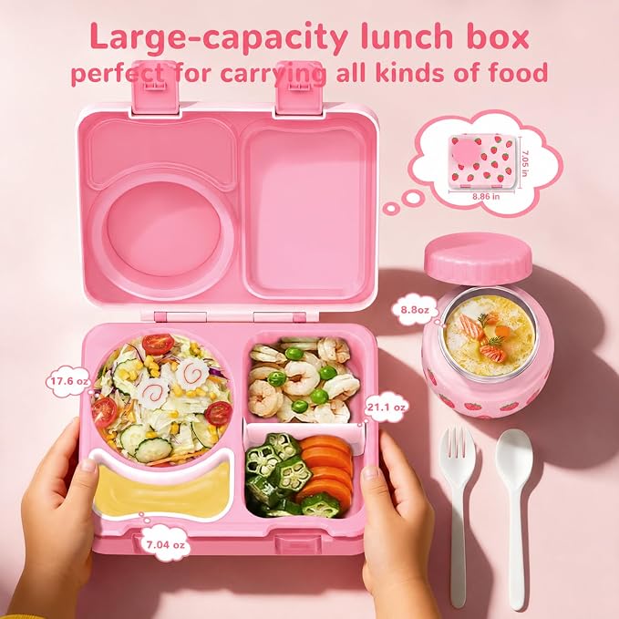 Kids Insulated Lunch Box with 8OZ Thermo Food Jar | Leakproof Bento Box with Ice Pack Sauce Cup Utensils Removable Tray & Dividers for School Daycare Travel, Strawberries