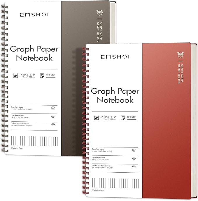 EMSHOI Spiral Graph Notebook, 2 Pack 320 Pages, Large B5 Grid Notebook, 100gsm Thick Paper, Waterproof Flexible Cover, Journal for Writing Engineering Graphing School Office, 7.48" x 10.15"