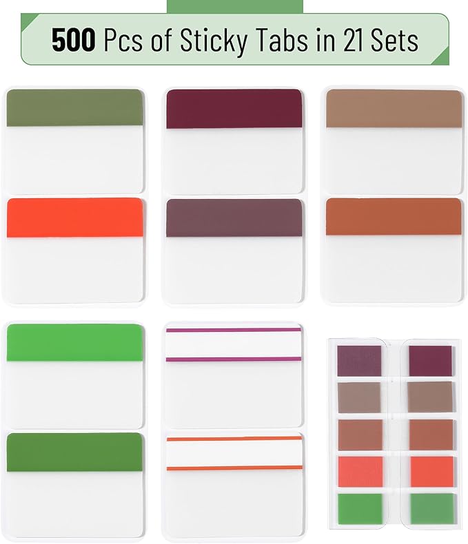 Mr. Pen- Sticky Index Tabs, 500 Pcs, 21 Sets, Colorful, Writable Colored Pages Markers Labels for Reading Notes, Books, Binders, Notebook, Folders and Classify Files, Water-Resistant