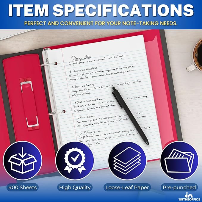 1InTheOffice Loose Leaf Paper College Ruled, Notebook Filler Paper, 8.5" x 11", 3-Hole Punched, White, 300 Pack