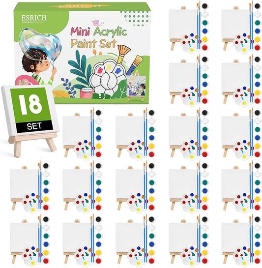 ESRICH 18 Set Mini Acrylic Paint Kit, Minis Stretched Canvas with Easel, Acrylic Paint Strips, Palettes, Painting Brushes, Mini Canvas and Easel Set for Kids Artists Beginner, Gifts