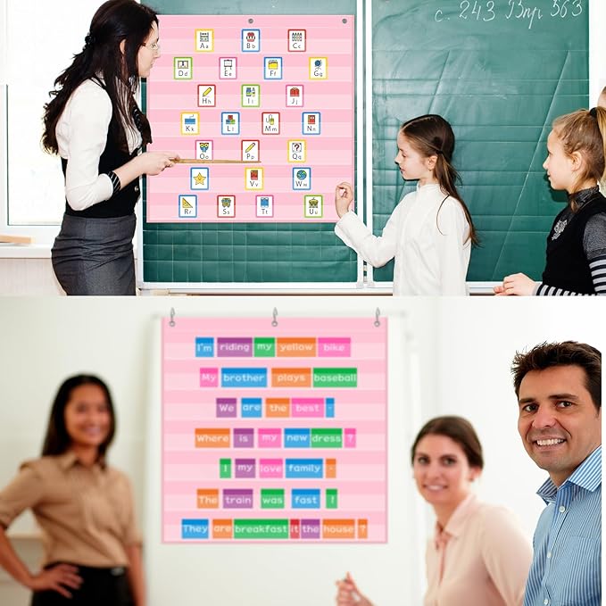 Standard Pocket Chart 28 x 28 Inches Transparent 7 Pocket Charts for Walls Letter Word Cards Sentence Strips School Classroom Supplies Home Back to School Teacher Gifts(Pink)