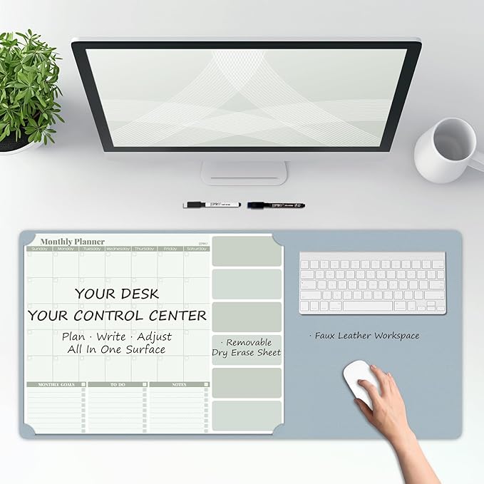 JJPRO Dual-Layer Sage Green Dry Erase Desk Mat,Large Multi-Use Dry Erase Desk Calendar, Erasable Desk Mat,Double-Sided Faux Leather Desk Pad,Reusable Desk Writing Board for Office, Home-16"x34"