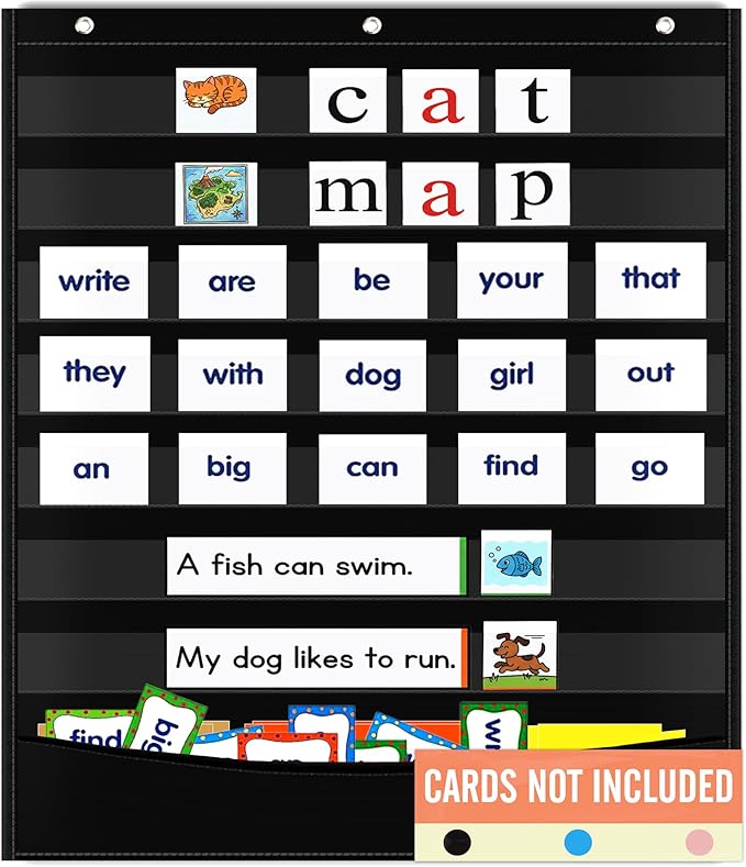 Standard Pocket Chart for Classroom - 7+1 Black Pocket Chart for Alphabet Learning Word Wall Calendar Daily Schedule Sentence Strips Sticker Display, Teacher Supplies for Preschool Kindergarten & Home