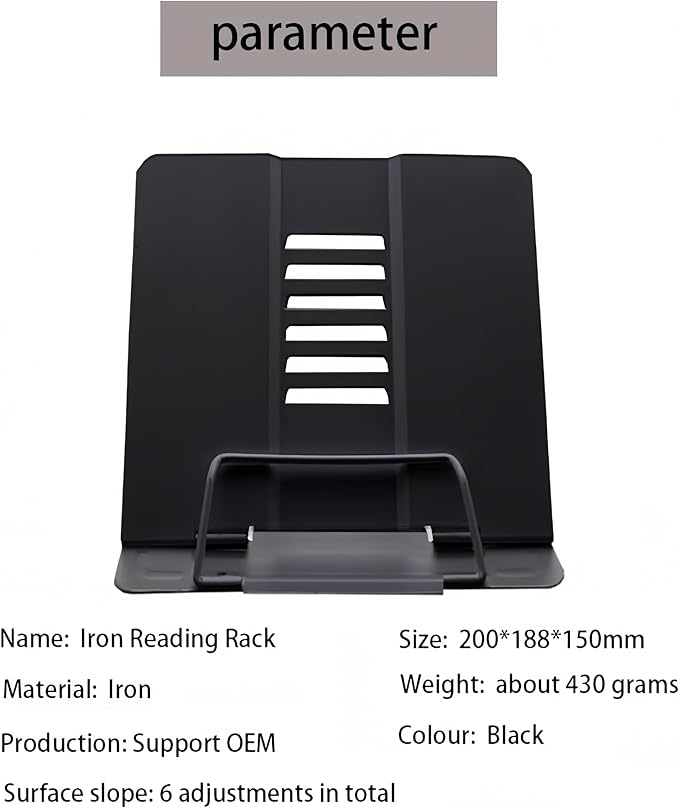 Azheeujy Metal Book Stand Folding Reading Book Holder with 6 Adjustable Angles and Paper Page Clip,Sturdy Desktop Book Holder for Cookbook,Magazine,Textbooks,Document,Music Book,Laptop,Tablet (Black)