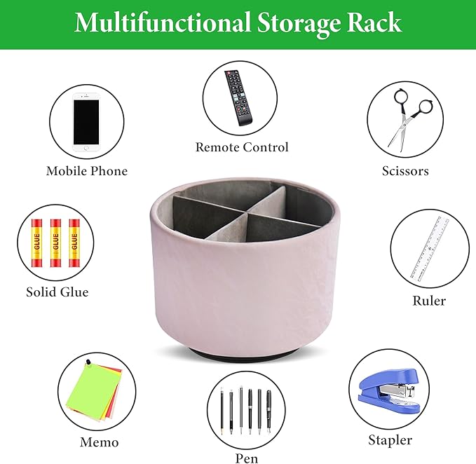 Round Leather Art Supply Organizer,Remote Control Holder,360 Degree Spinning,Multi-Functional Pencil Holder,4 Compartments Desktop Stationary Organizer(1-Hill Pink)