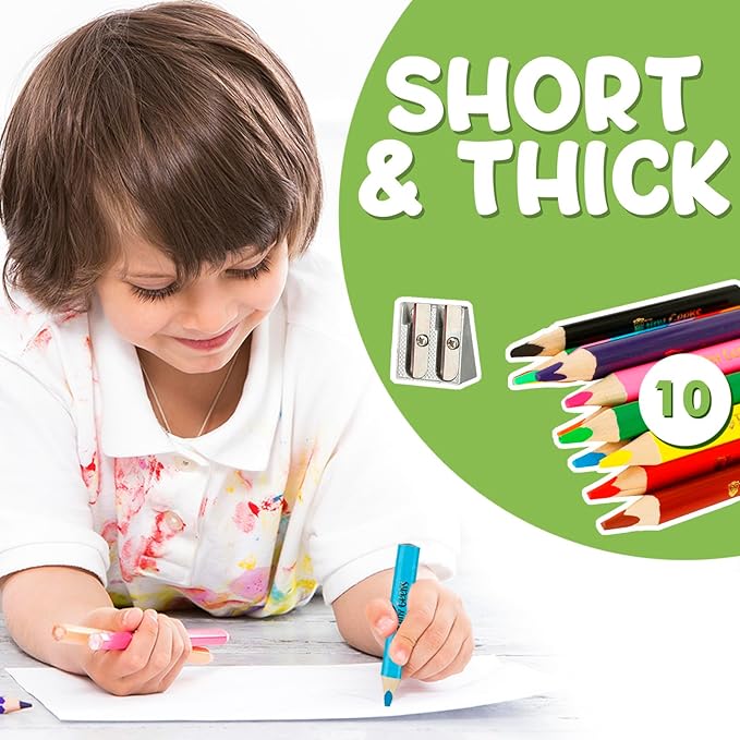 TinyGeeks Jumbo Pencils - Set of 10 Triangle-Shaped Colored Pencils for Toddlers and Preschoolers – Includes Rainbow Version and Sharpener – Ideal for Beginners and Teacher-Recommended