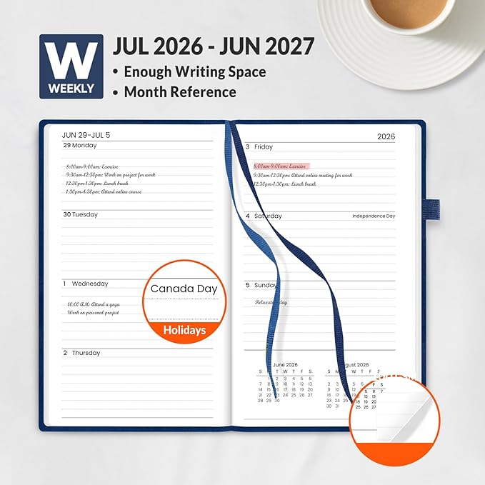 SUNEE 2026-2027 Pocket Weekly Planner for Purse 3.5" x 6" - 12 Month (July 2026 - June 2027) Academic Year Calendar, Pocket Size Planner, Hardcover, Note, 100 GSM Paper, Deep Blue