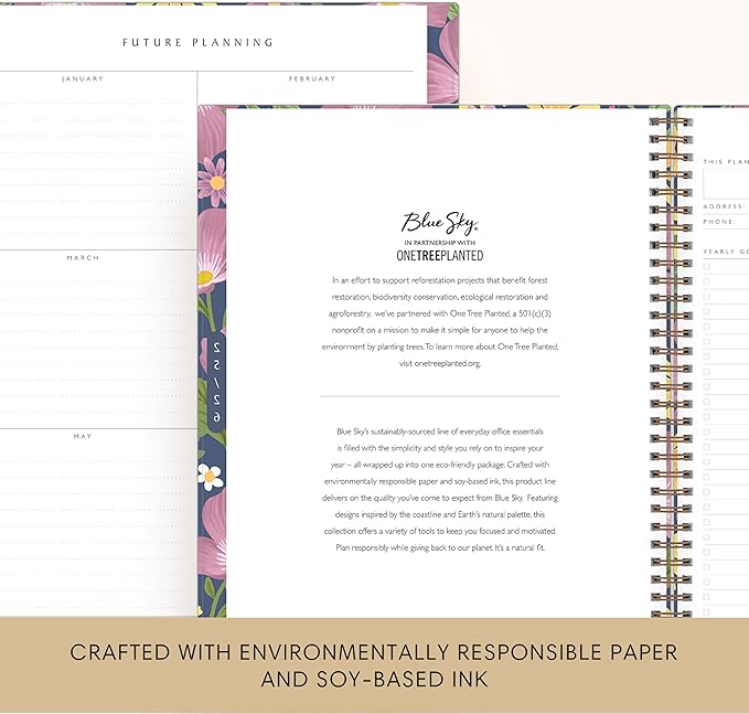 Blue Sky Sustainability 2025-2026 Weekly and Monthly Academic Year Planner Calendar, July 2025 - June 2026, 8.5" x 11", Flexible Cover From Recycled Plastic, Wirebound, Laminated Tabs, Storage Pocket, Gail