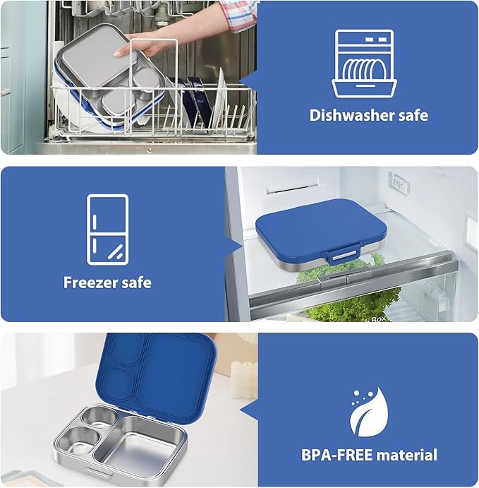 Pawtong Stainless Steel Bento Lunch Box for Kids | 3-Compartment Lunch Box Container Kids | 100% Leakproof, Eco-Friendly, Perfect Portion Control for Kids&Adult Healthy Meals (Blue)