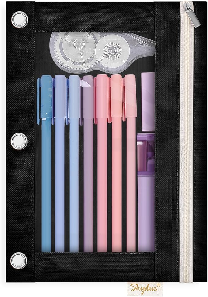 SKYDUE Pencil Pouch for 3 Ring Binder, 9.8" x 7.3" Clear Window Pencil Bag | Zipper Pencil Pouches for Girls Boys, Black Pencil Pouch with 3 Reinforced Grommets, Durable Organizer for School Supplies