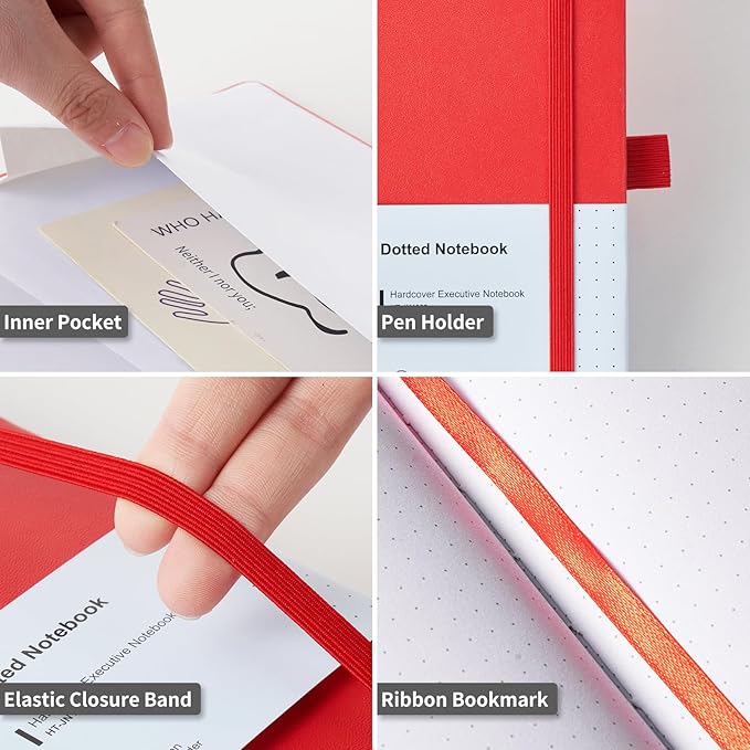 Heture Hardcover Dotted Notebooks, A5 Dotted Journal Notebook for Writing 160 Pages, 8.2 x 5.5 inch, Classic Dotted Notebooks for College/Work/Travel (Dotted-3 Pack, Red)