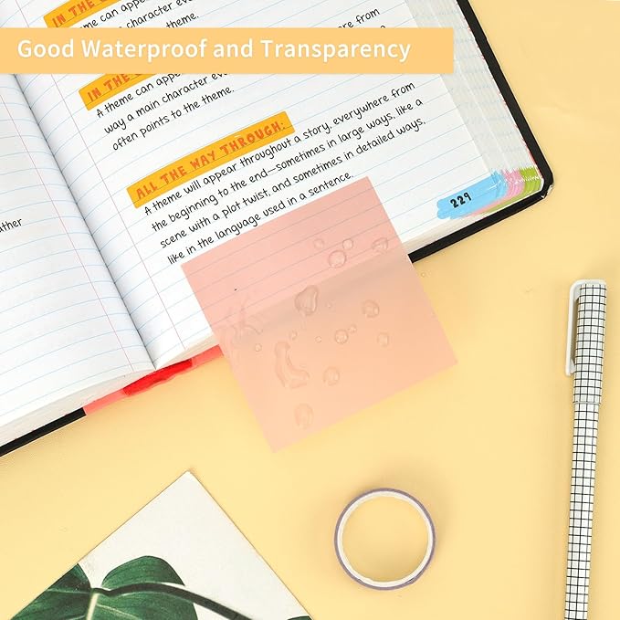 Transparent Sticky Notes, 6 Pads 3x3 Inch, 6 Colors Pastel Clear Self-Adhesive Waterproof Translucent Sticky Notes, 300 Sheets, for Bible Tabs, Book Tabs, School Supplies, Office