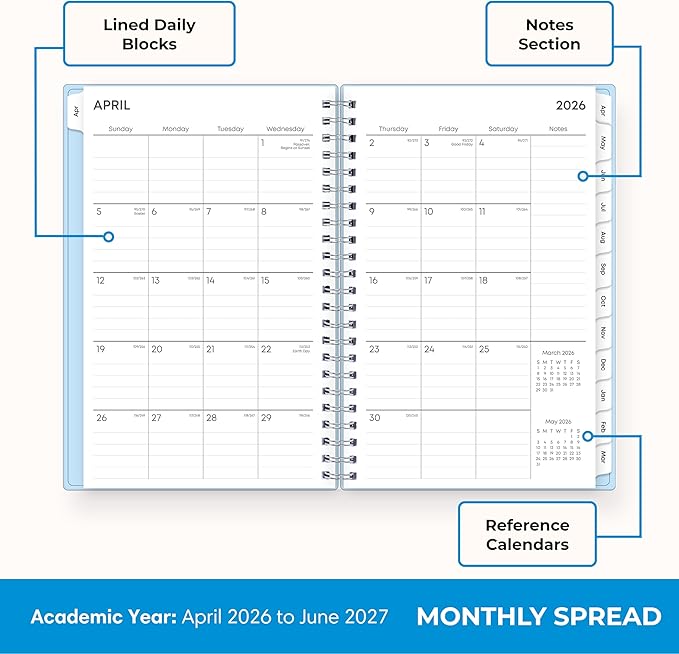 Blue Sky 2026-2027 Weekly and Monthly Academic Year 15 Month Planner Calendar, April 2026 - June 2027, 5" x 8", Flexible Cover With Pockets, Wirebound, Storage Pocket, Blues
