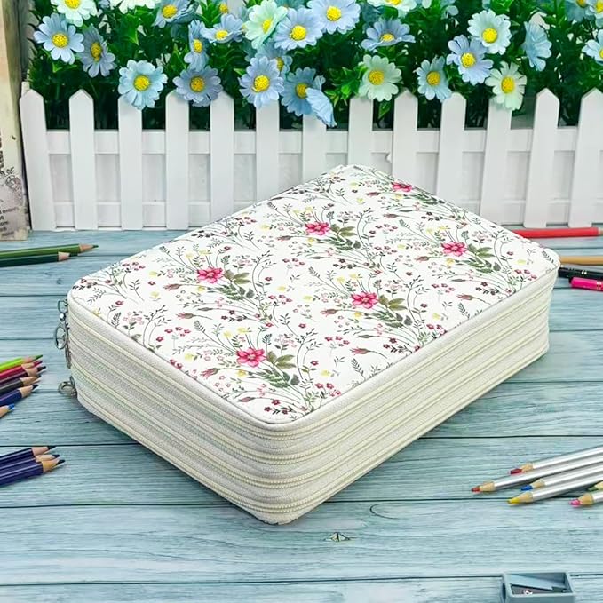 YOUNGCOL 200 Slots Colored Pencil Case Color Pencil Organizer Storage Large Capacity Pencil Case (White + Floral)
