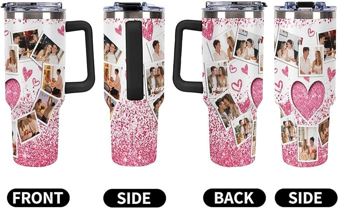 Personalized Tumbler Custom Vacuum Insulated Travel Mug Customizable Coffee Cup with Your Photos and Text Christmas Birthday Gift (Heart Shaped Photo)