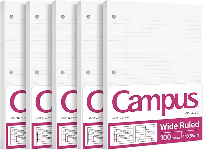 Kokuyo Filler Papers, 8-1/4"x11”, Wide Ruled 3 Hole Punched Loose Leaf Paper, 500 Sheets Bleed Resistance Notebook Paper, Japanese Smooth Lined Paper for 3 Ring Binders School Supplies
