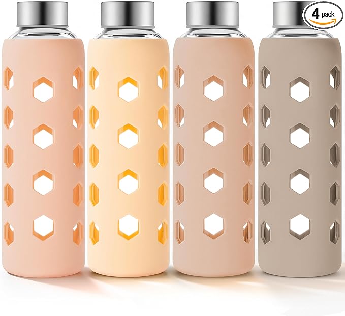Mrsdry 18 oz Glass Water Bottles with Lids & Silicone Sleeves, 4-Pack | BPA Free, Leak-Proof Reusable Glass Drinking Bottles with Stainless Steel Airtight Cap for Juicing, Dishwasher Safe, Non-Slip