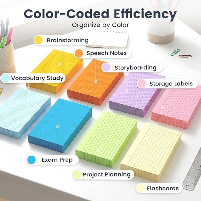 Koogel Index Cards 3x5, 272 Count, Colored Ruled Flash Cards for Studying, 34 Pack of 8, Heavy Weight Lined Notecard Portable Note Taking for Students Teachers School Office Home Supplies, 8 Colors