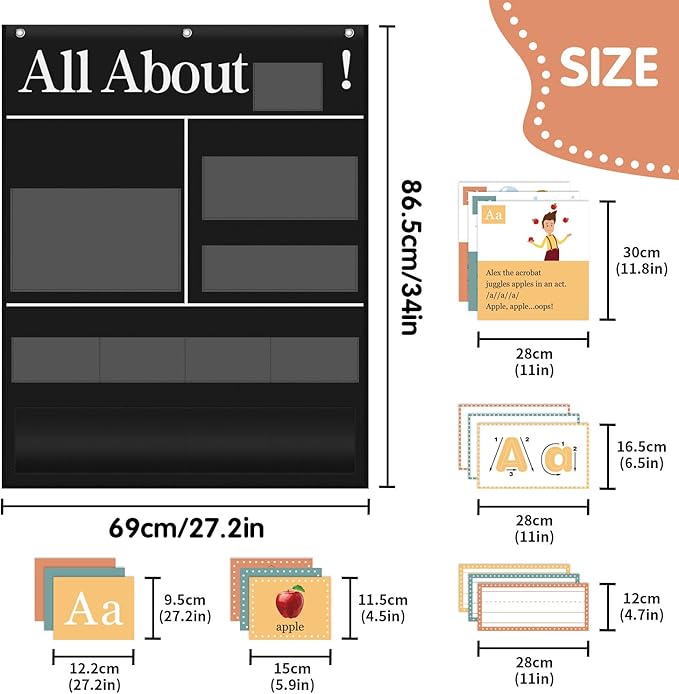 All About Letters Pocket Chart with ABC Flash Cards, 34" X 27", Letter of The Day/Week Daypocket Chart, Letter Tracing Learning Educational Wall Chart Preschool Classroom Homes, Black