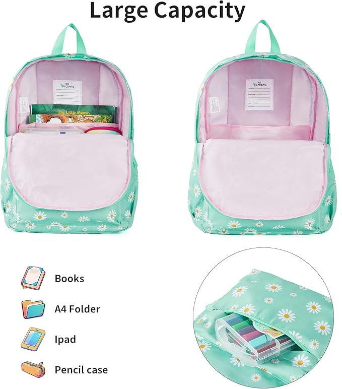 KK CRAFTS Preschool Backpack Kindergarten Little Kids Toddler Elementary School Backpacks for Boys and Girls with Chest Strap(17Inch, Daisy-Green)
