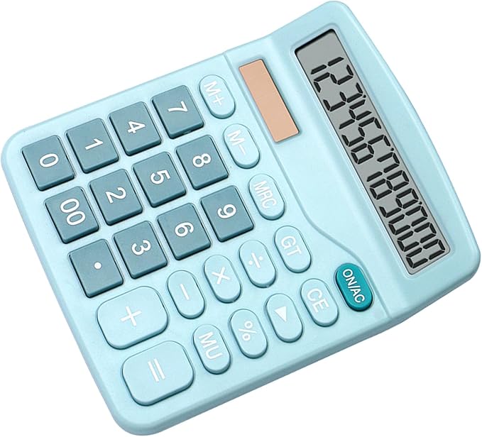 Fdit Solar Calculator, 12 Digit Portable Desktop Calculator with Solar Power and Light Textured Keys, for Students Teachers and Office Workers (Blue)