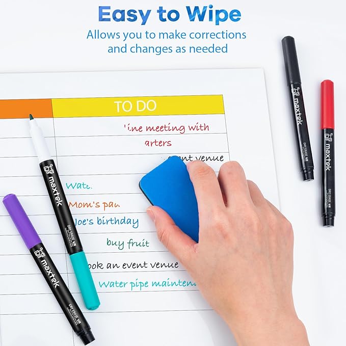 maxtek Dry Erase Markers Ultra Fine Tip, 0.7mm, Low Oror, Extra Fine Point Dry Erase Markers for Planning Whiteboard, Calendar Boards, 6 Count