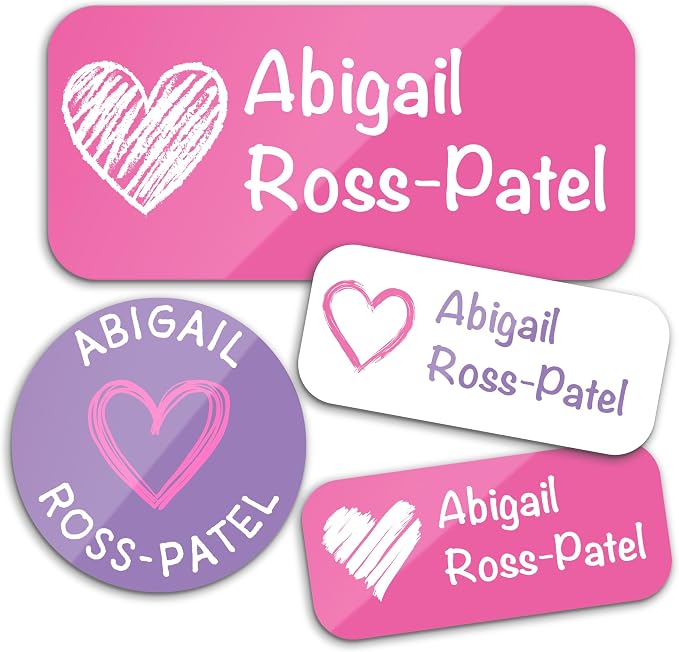 Personalized Waterproof Name Labels for Kids | Optional Packs 50, 150, 230 Labels | Custom Name Stickers for Kids' Clothing Tag, Water Bottle, Lunch Box, Customize Kid Name Label for Daycare Hearts