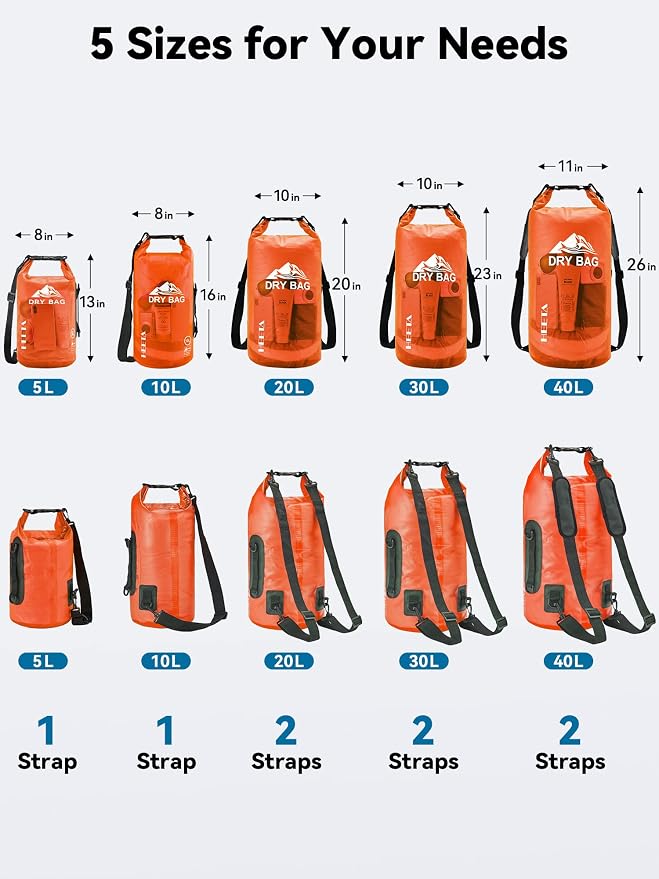 HEETA Dry Bag Waterproof Backpack with Phone Case 5L/10L/20L/30L/40L | Roll Top Lightweight Dry Storage Bag for Women Men, Travel Boating Kayaking Paddle Board Camping Beach Essentials Accessories