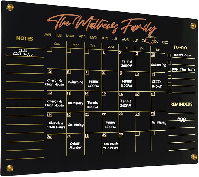 Black Acrylic Calendar Dry Erase for Wall, Family Planner, Monthly Calendar Dry Erase Whiteboard for Home, Office, 24" x 16"Reusable White Board（(Acrylic-BK-4060)