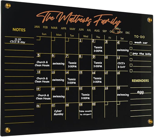 Black Acrylic Calendar Dry Erase for Wall, Family Planner, Monthly Calendar Dry Erase Whiteboard for Home, Office, 24" x 16"Reusable White Board（(Acrylic-BK-4060)