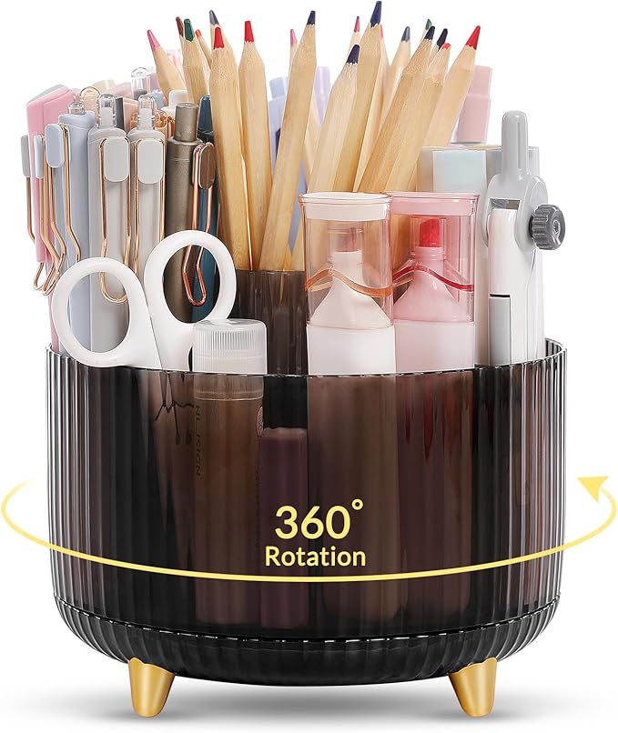 SKYDUE Rotating Pencil Pen Holder, Pen Organizer with 5 Slots - Aesthetic Desk Organizer and Accessories for School, Home, Office Supplies, Clear Black