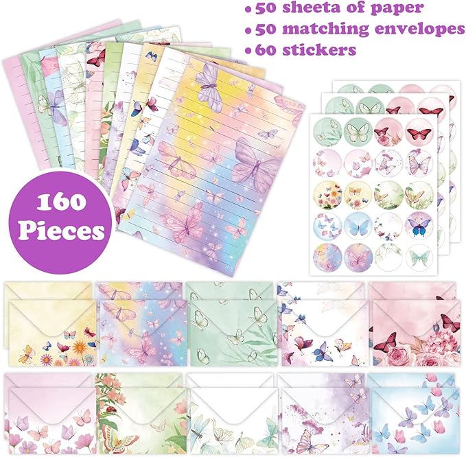 160 Pcs Stationery Paper Envelopes Set Includes 50 Lined Writing Paper & 50 Envelopes with 60 Round Dot Stickers, Cute Vintage Butterfly Letter Writing Stationery Paper Envelopes Gift(10Style)