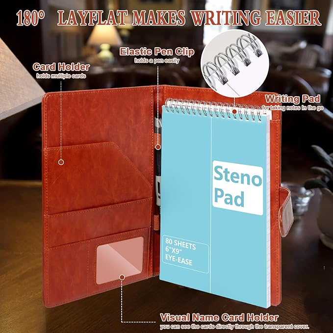 Steno Pad Holder PU Leather Cover 6x9 Steno Pad Cover Business Padfolio Organizer Compatible With 6x9 Steno Notebook Portfolio Pocket Organizer With Pen Loop for Business Office（Brown）