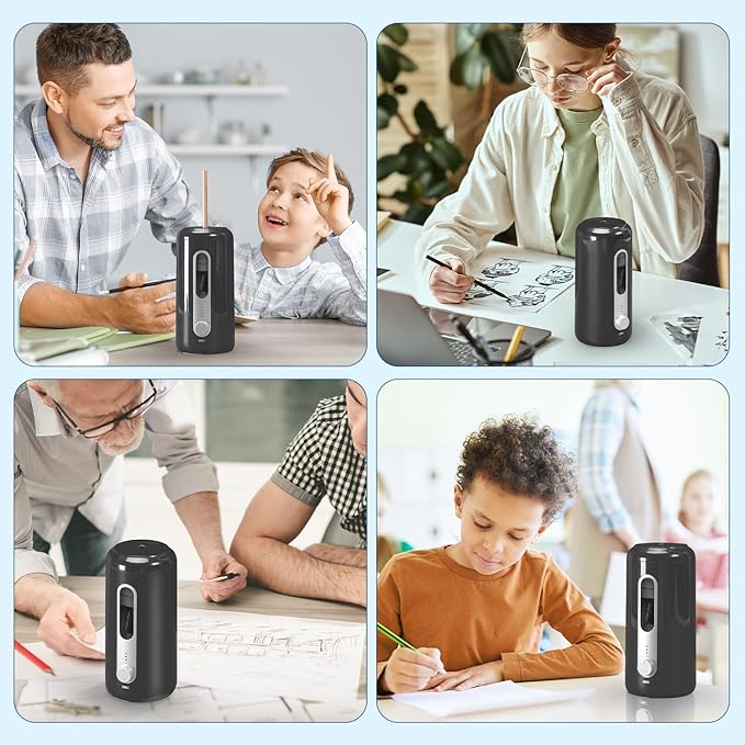 Electric Pencil Sharpener, Fully Automatic Pencil Sharpener for 6.9-10.8mm Colored/Jumbo Pencils, Auto in & Out, Rechargeable Hands-Free Sharpener for Classroom Home Office，Black
