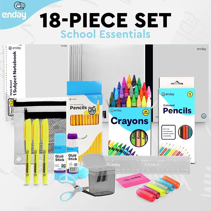 Enday Back to School Supplies for Kids, Grey School Supply Box Grades K-5, Premium Quality Kids School Supplies Kit, Kindergarten School Supplies for Girls and Boys, 78 Piece Set