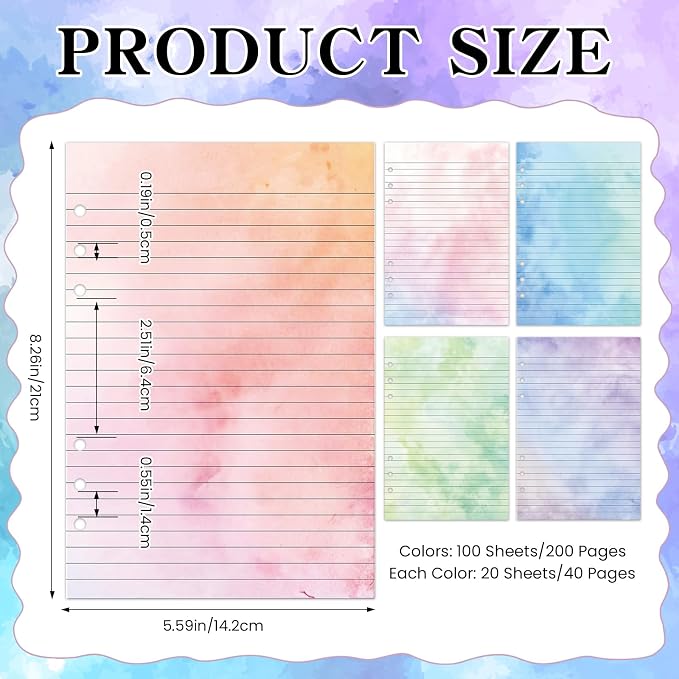 100 Sheets Gradient A5 Refill Papers for Planner Binder Insert with Pink Pu Leather Binder Cover, Refillable 6 Ring Binder Journal with 120GSM Thick Watercolor Notebook Fillers for Girls Women