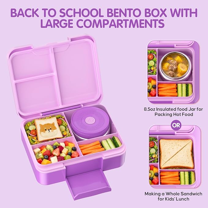 HOMETALL Bento Lunch Box for Kids with 8.5oz Insulated Food Jar, Leakproof Bento Boxes Lunch Bag for Ages 3 to 14 Back to School, Lunchbox Snack Containers Reusable Daycare Meal Prep,Purple