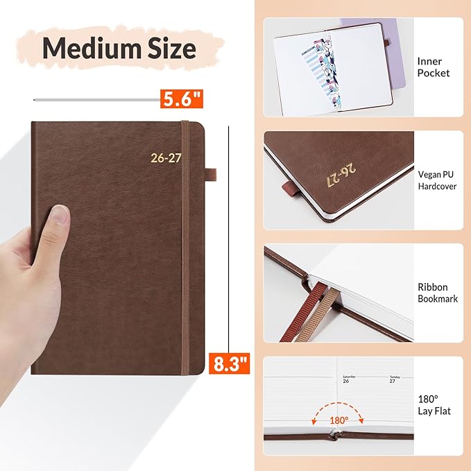 SUNEE 2026-2027 Weekly & Monthly Hardcover Planner 5.5" x 8.3" - 12 Month (July 2026 - June 2027), Small Academic Year Calendar Planner, Pocket, Notes, 100 GSM Paper, Brown