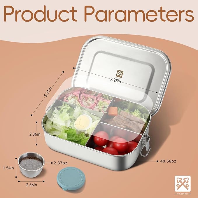 GOLDEN KEY 47oz Stainless Steel Bento Box for Adults,1400ml Large & Thickened Metal Lunch Box with 5 Compartments,Eco-friendly Leak-Proof Container with Lockable Clips