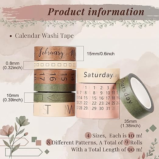 Chuangdi 9 Rolls Calendar Washi Tape Set Day Week Month Number Vintage Calendar Date Washi Masking Tape Decorative Patterned Marking for Arts Crafts Journal Planner (Pink, Green, Brown, Light Brown)
